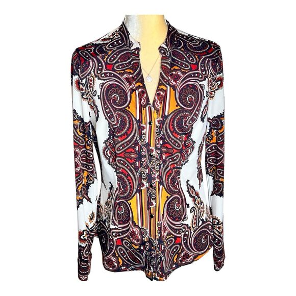 Cache Print Blouse Sz M Brown White Multicolor Button Down Snaps Long Sleeves - Picture 1 of 8